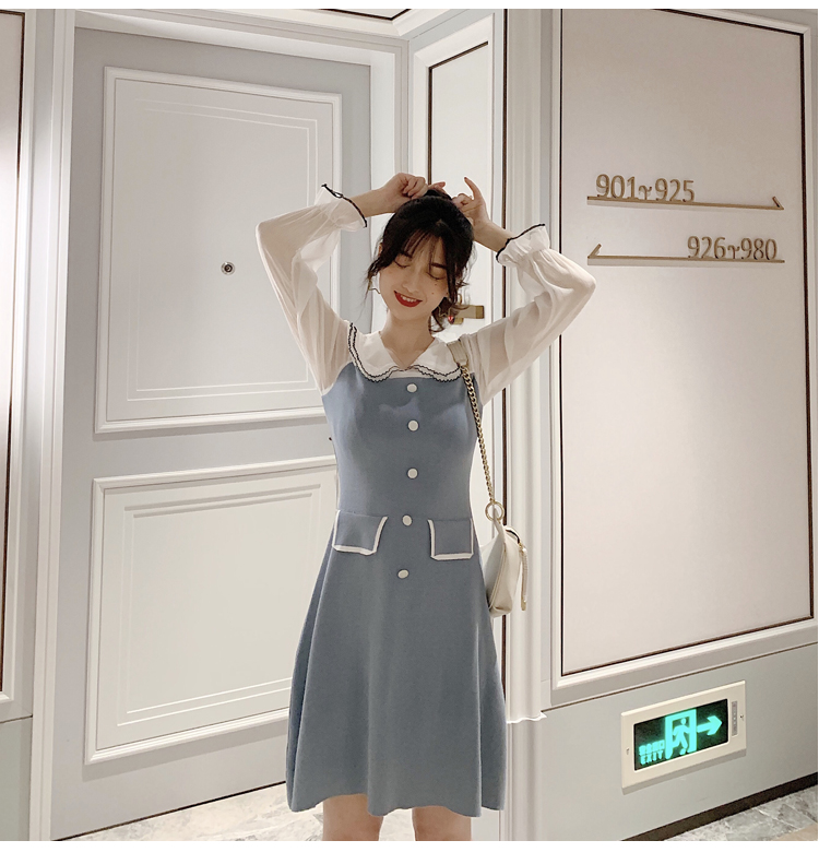 VK旗艦店 韓國風淑女優雅娃娃領單排扣長袖洋裝