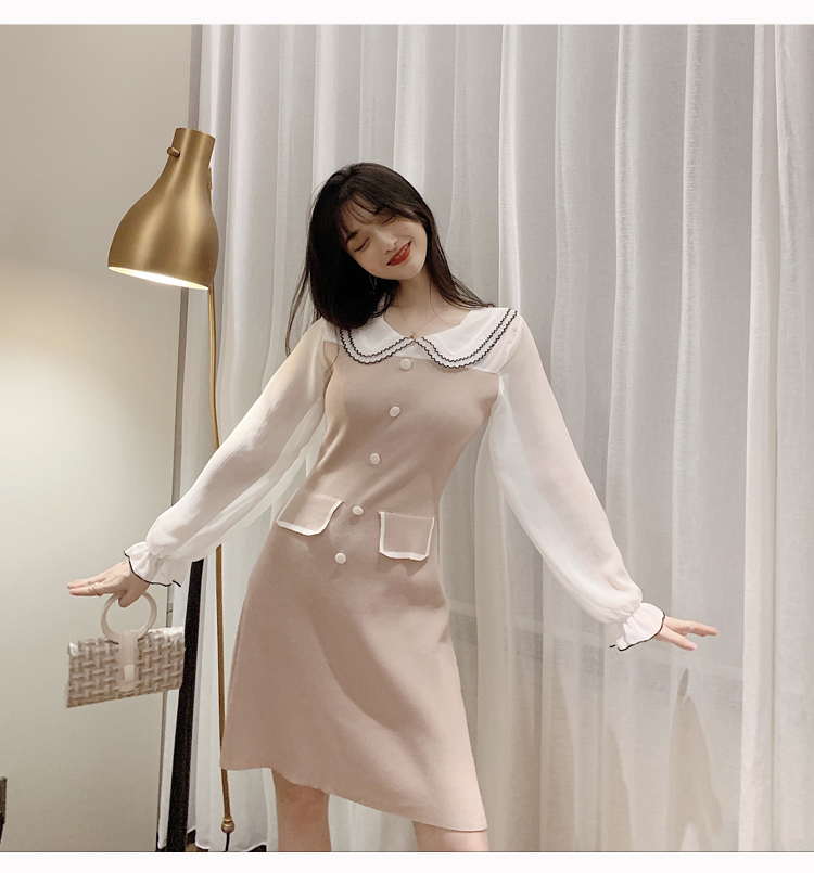 VK旗艦店 韓國風淑女優雅娃娃領單排扣長袖洋裝