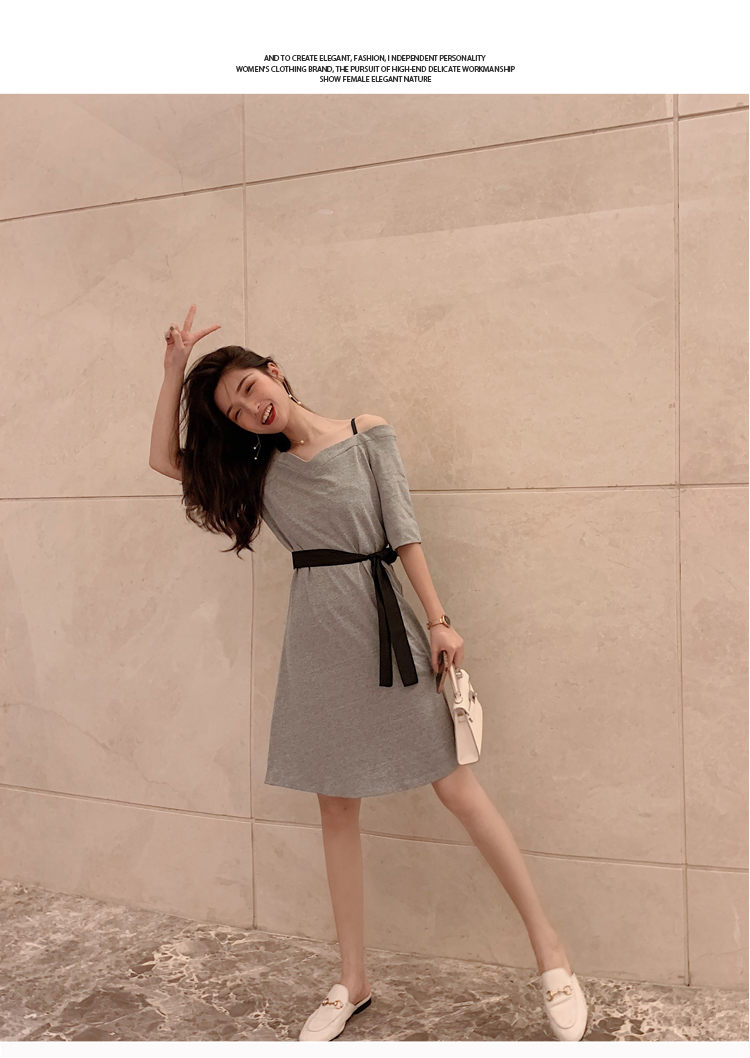 VK旗艦店 韓系一字領露肩收腰修身顯瘦短袖洋裝