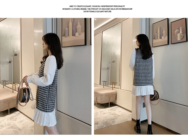 VK旗艦店 韓系修身顯瘦拼接假兩件千鳥格長袖洋裝