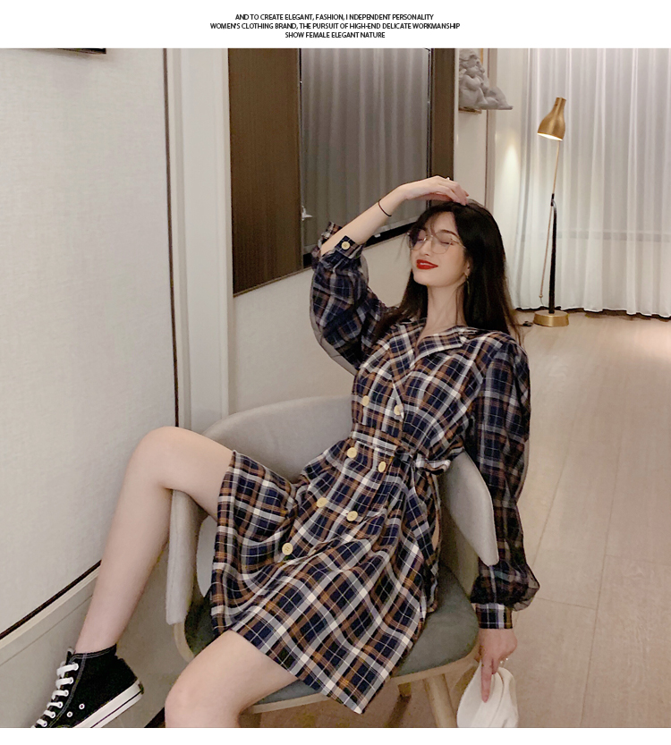 VK旗艦店 韓系格紋收腰系帶網紗拼接西裝長袖洋裝