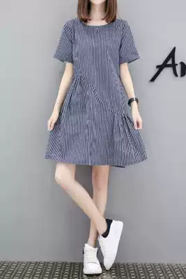 2021 summer new small fresh cotton and linen dress medium and long version loose thin student striped A-line doll skirt