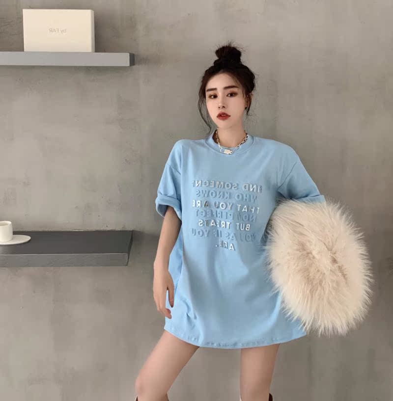 Pure cotton T-shirt woman 2022 summer fit new loose round collar sleeve head Cubic alphabet with long version of half sleeve blouses