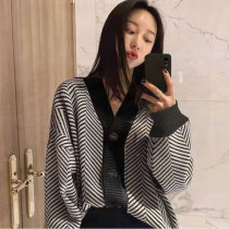 Autumn Winter New Knit Cardiovert Blouse Women Skew Striped Long Sleeve Wool T-Shirt Student Single Row Buttoned Out Wearing Undershirt