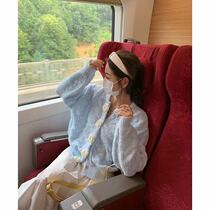 Hemp flower soft milk blue sweater jacket cardigan for womens spring and autumn loose design feeling of small crowdday department cute knitted blouses