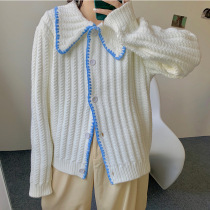Korean chic ocean gas minus-age doll collar goose yellow sweater cardiovert Lazy Wind Long Sleeve Knit Jacket Autumn Clothing