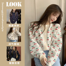 Day Series Retro Cherry Jacquard Sweater Women Spring Clothing Chains Lazy Breeze Bf Student Short Knit Cardiovert Coat