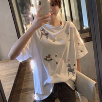 2021 summer new net red student short-sleeved t-shirt womens all-match ins loose embroidery pure cotton half-sleeved top clothes tide