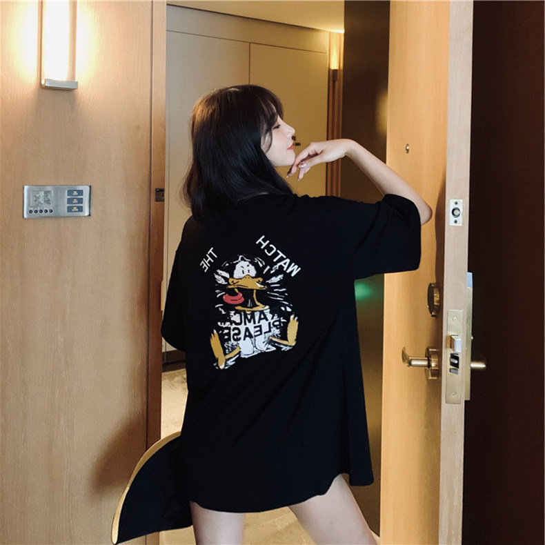 2022 Summer Dress New Internet Red Port Wind Cartoon Printed T-shirt Woman Short Sleeve Loose Medium Long Version Pure Cotton Half Sleeve Blouse