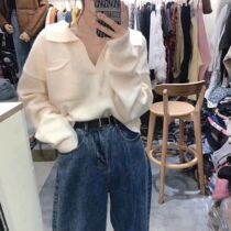 v collar knitwear jacket head large turnover sweater woman fall Korean tie for lazy wind with loose and thin long sleeve short