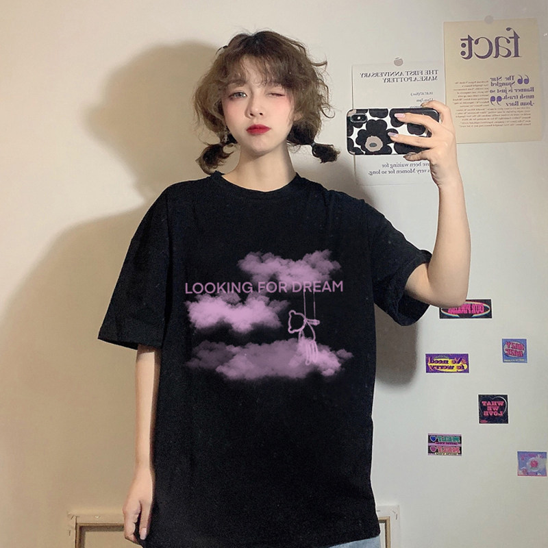 Black T-shirt women's 2022 summer new Hong Kong style net red Korean version loose and thin top cotton short-sleeved shirt ins tide