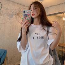 Red T-Shirt Woman Short Sleeve 2022 Summer New Port Wind 100 Hitch Loose Mid-Length Letter Printed Blouse Surge