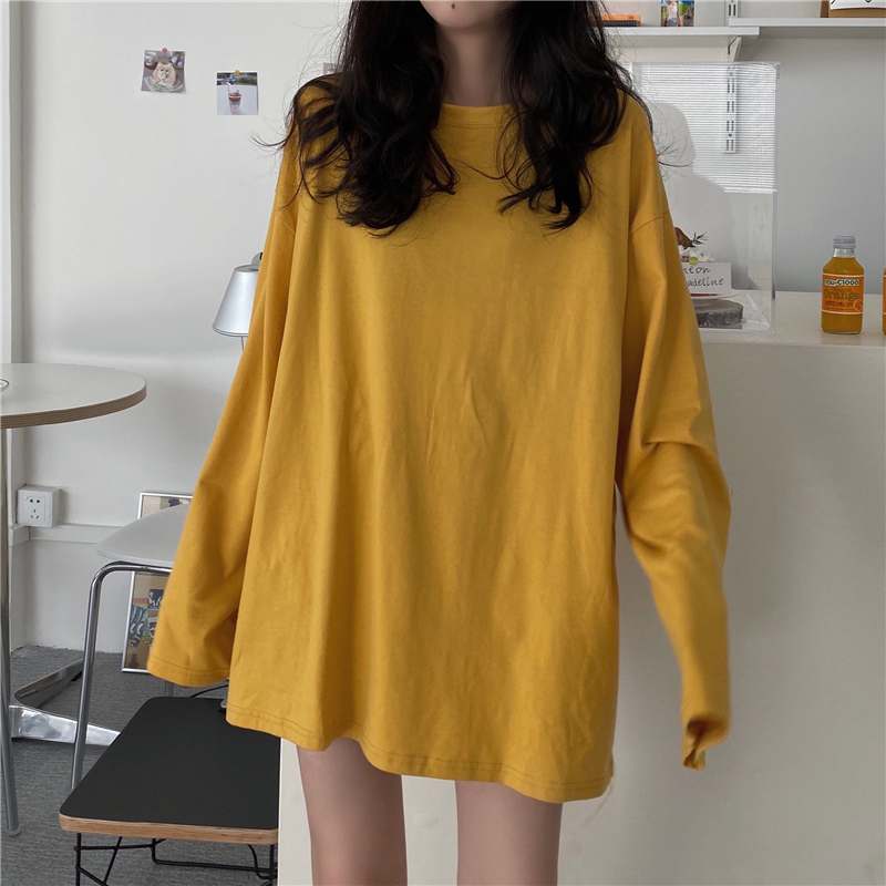 2022 Spring Dress New Loose Medium Long Version Casual Inner Lap Dress Female 100 hitch Lazy Wind Pure Cotton Long Sleeve T-shirt
