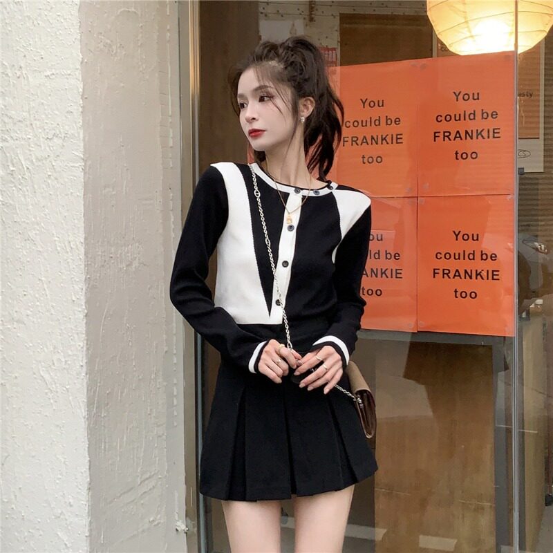 Autumn thin section chic color-blocking long-sleeved knitted T-shirt women's loose short section slimming all-match small cardigan top