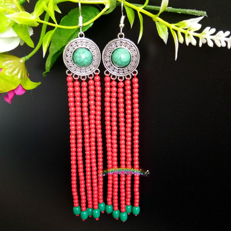Mongolian characteristic handmade beaded earrings, earrings, ethnic style, long version of tassel earrings