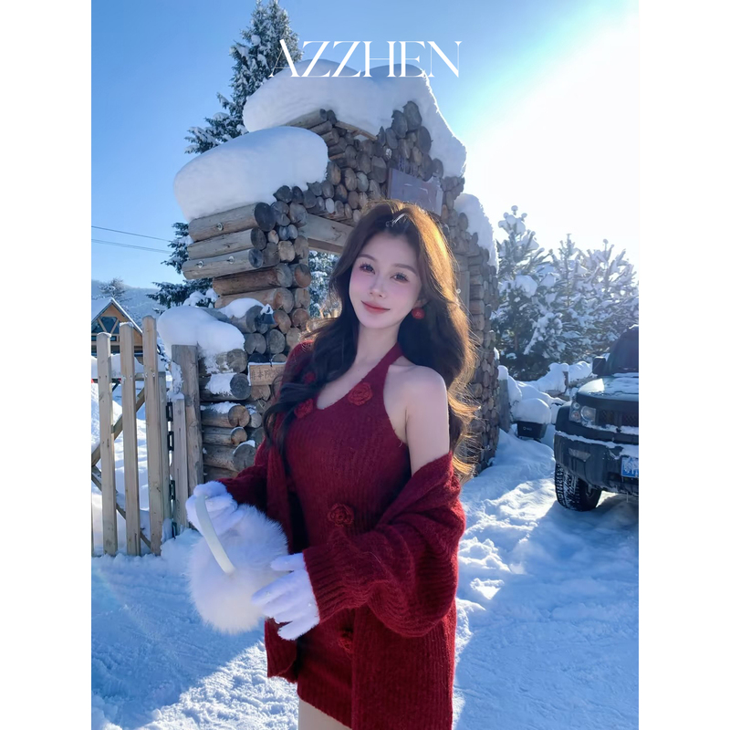Azzhen【Christmas】Halter Neck Christmas and New Year Atmosphere Knitted Dress Three-Piece Set with Leg Warmers Included Azzhen【Christmas】Halter Neck Christmas and New Year Atmosphere Knitted Dress Three-Piece Set with Leg Warmers Included