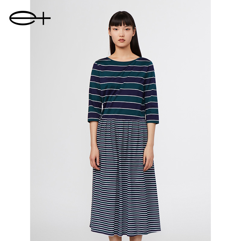 Yijia E+ New Summer Brand Women's Clothing Blue-Green Round Neck Pure Cotton Patchwork Striped Waist-Cinching Mid-Sleeve Dress Yijia E+ New Summer Brand Women's Clothing Blue-Green Round Neck Pure Cotton Patchwork Striped Waist-Cinching Mid-Sleeve Dress