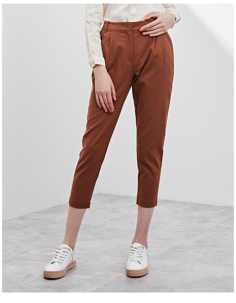 一 嘉 e + Quần Harlan mới mùa thu Quần cotton nữ xếp li mùa hè Quần cắt cạp siêu nhỏ - Quần Harem quần âu cạp cao