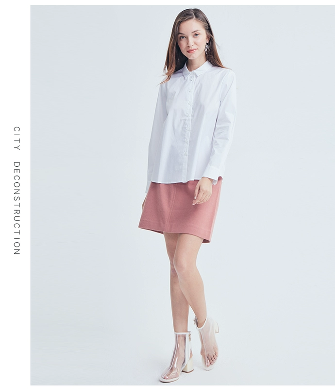 一 嘉 e + Mùa xuân và mùa thu Cotton mới của phụ nữ Micro-thun cơ bản Áo dài trắng cơ bản Slim Top - Áo sơ mi sơ mi đen