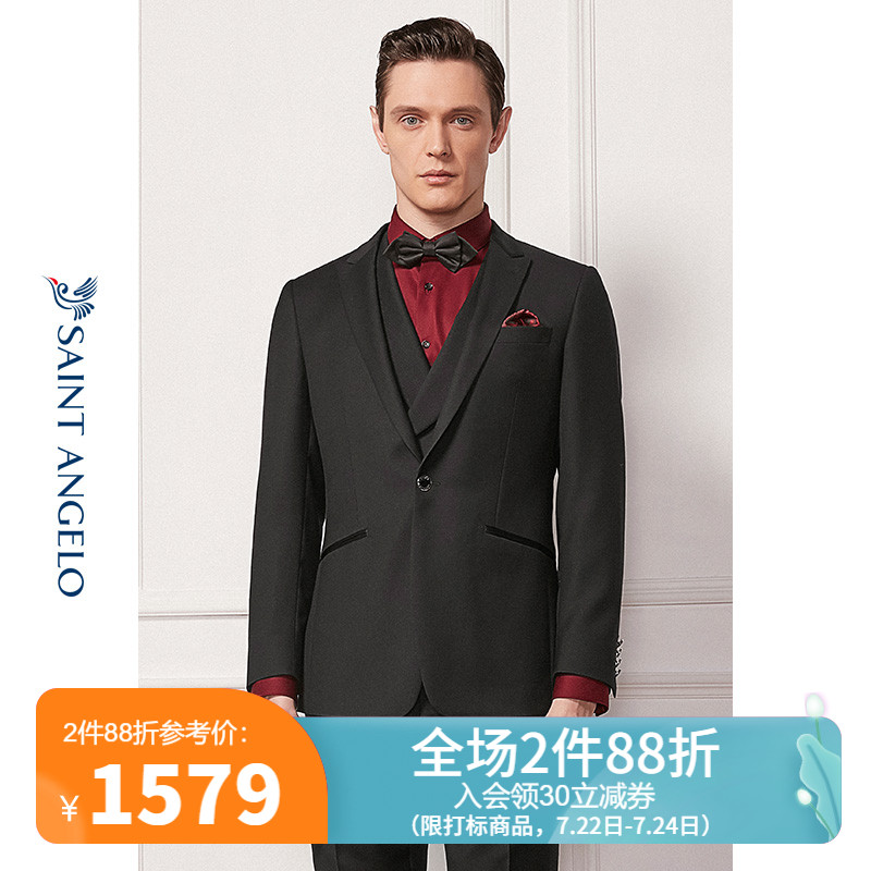 Saint Angelo man formal business suit suit Wedding collar Wool black bright silk slim one button suit man