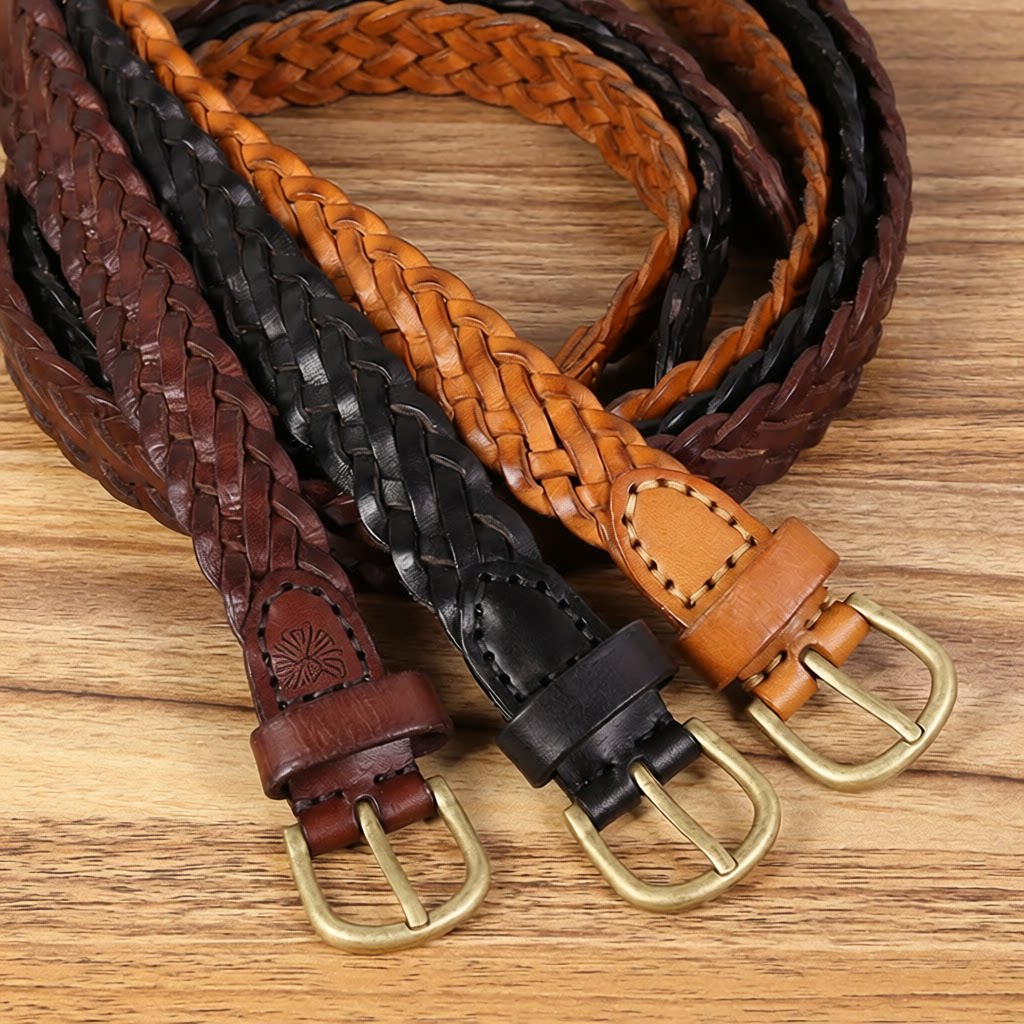 Hand-woven first layer cowhide vintage pin buckle women's belt