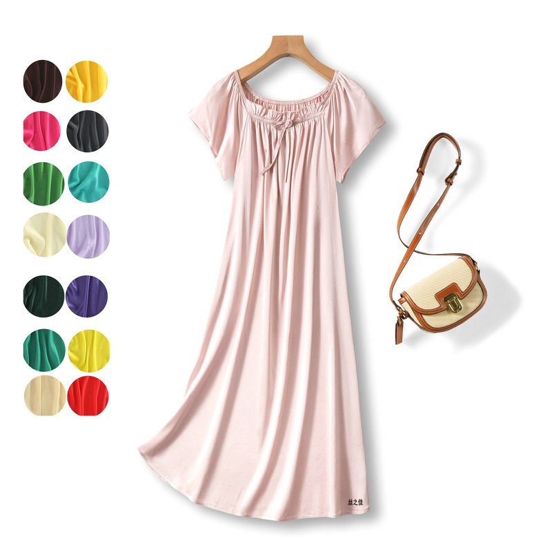 100% Mulberry Silk Satin Dress Short-Sleeved 95% Silk Babydoll Dress Nightgown Silky A-Line Dress Loose Mid-Length Dress