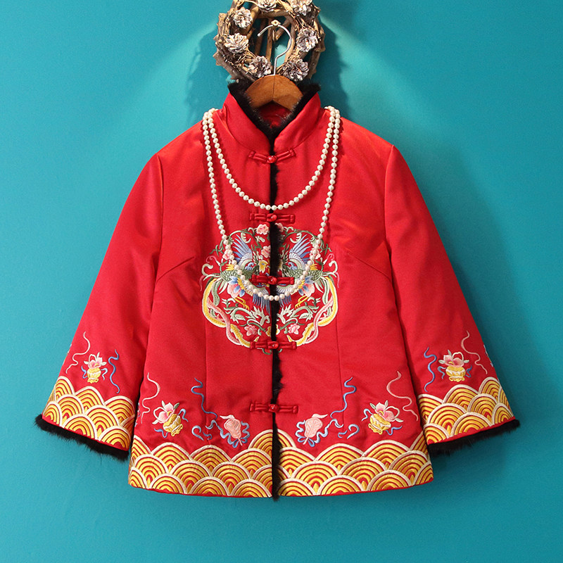 Small Good House Autumn Winter National Wind Phoenix Embroidered Thickening Clip Cotton Padded Jacket Wine Red Middle Aged Mother Cotton Clot Jacket Woman