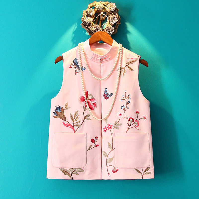 Little good Original 2021 Fall Guochao Chinese waistcoat Waistcoat Vest Embroidery Pink Qipao Maclip shoulder