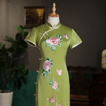 Small good home retro diagonal summer daily long peony embroidery cheongsam 2021 new modified dress