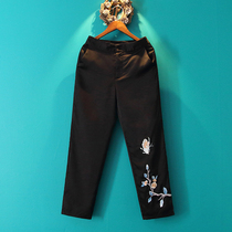 Xiaoshan Home 2021 Summer Chinese Style Womens Improved Cheongsam Pants Embroidered Pants Long Casual Pants Black