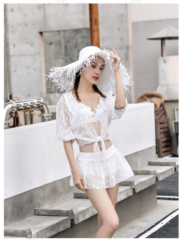 Jinhong Áo tắm của phụ nữ Thời trang ba mảnh Trắng Fairy Fan Gangto Ngực nhỏ Thu thập Sexy Váy xẻ tà Bikini - Bộ đồ bơi hai mảnh