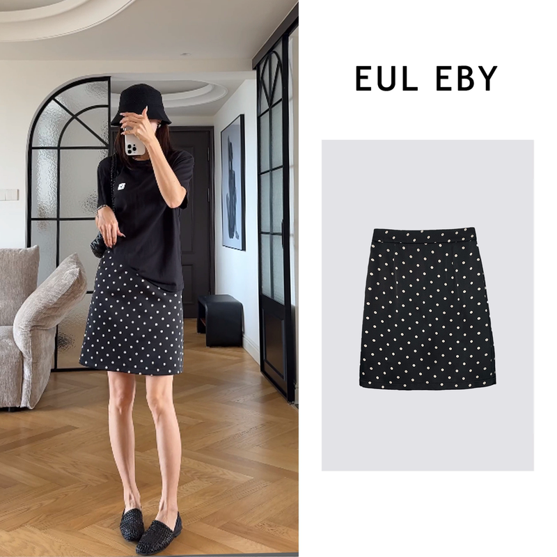 Eul Eby Thin Mid-Length Skirt with High Waist, Elegant Korean Style Polka Dot Skirt, Black Short Skirt, Women's Casual Skirt