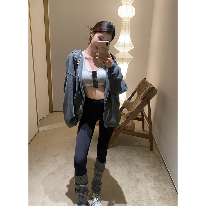 Achi Dayeike Gray Fleece-Lined Hooded Sweatshirt Jacket Kendall Jenner Style Casual Loose Zipper Cardigan Top Achi Dayeike Gray Fleece-Lined Hooded Sweatshirt Jacket Kendall Jenner Style Casual Loose Zipper Cardigan Top