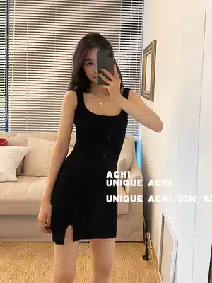 Chi Big Yechi black vest suspender dress short female summer waist knitted square collar temperament slim skirt
