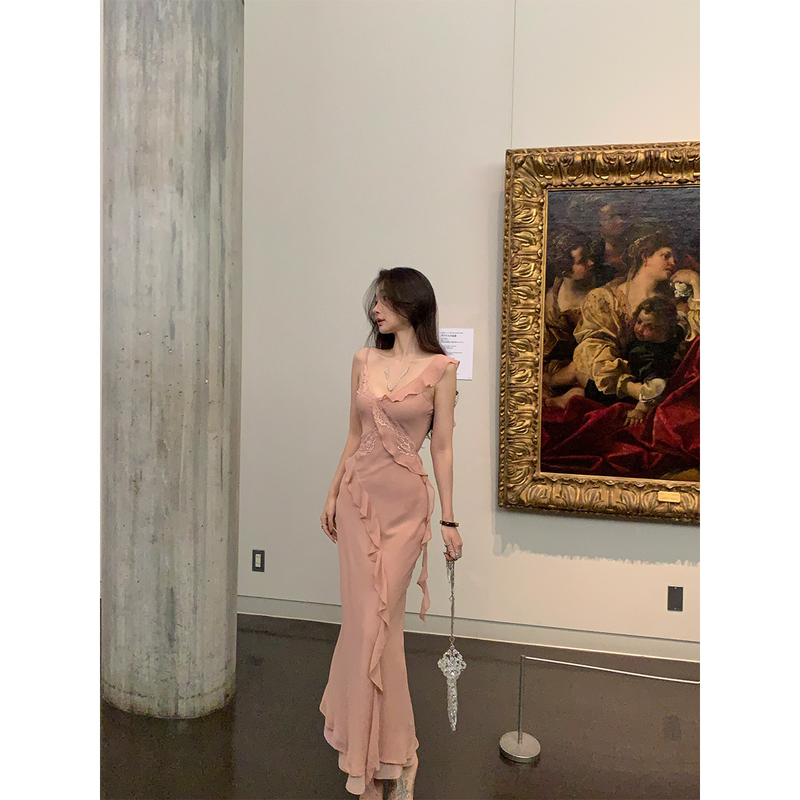 Achi Dayeike Pink Georgette Lace Patchwork Spaghetti Strap Dress Women's Wavy Hem Long Dress Slim Fit Fishtail Dress