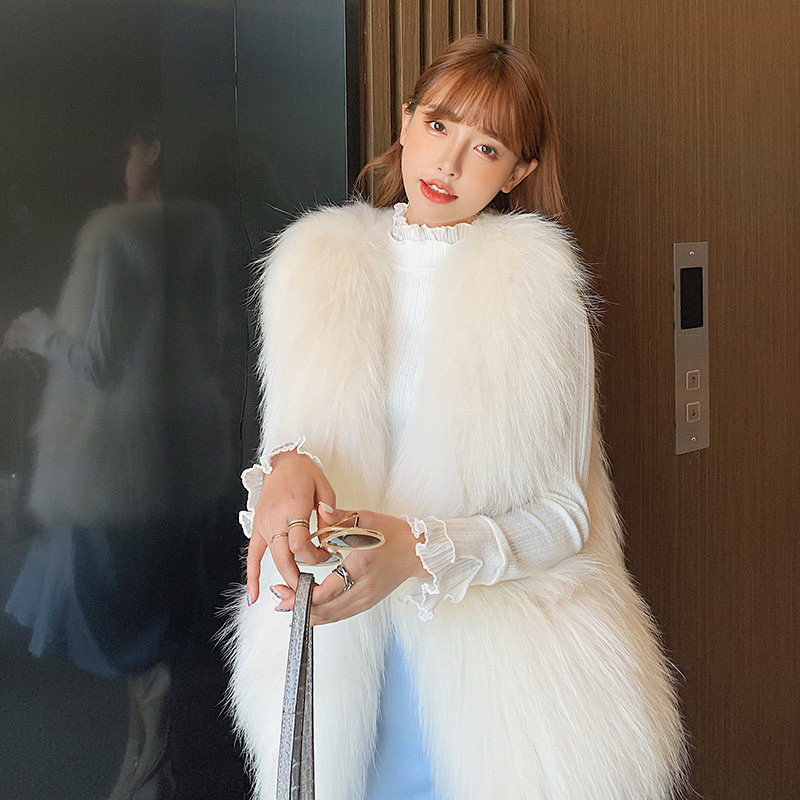 2022 new encrypted raccoon fur knitted leather grass vest woman young style fashion 100 hitch long version double sided vest