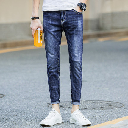 新款牛仔裤男蓝色水洗小脚裤修身韩版潮流裤子