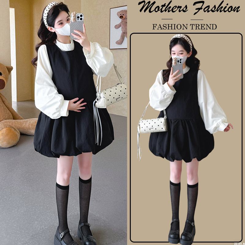 Maternity Wear Spring Outfit Set: Vest Dress 2026 French Fashion Long-Sleeve Shirt, Petite Floral Skirt, Loose Early Spring Style