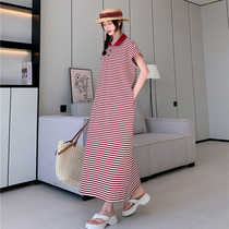 Lazy Wind Casual Striped Dress Woman Summer 2024 New Fat Mm Big Code Over Knee T-Shirt Polo Collar Long Skirt