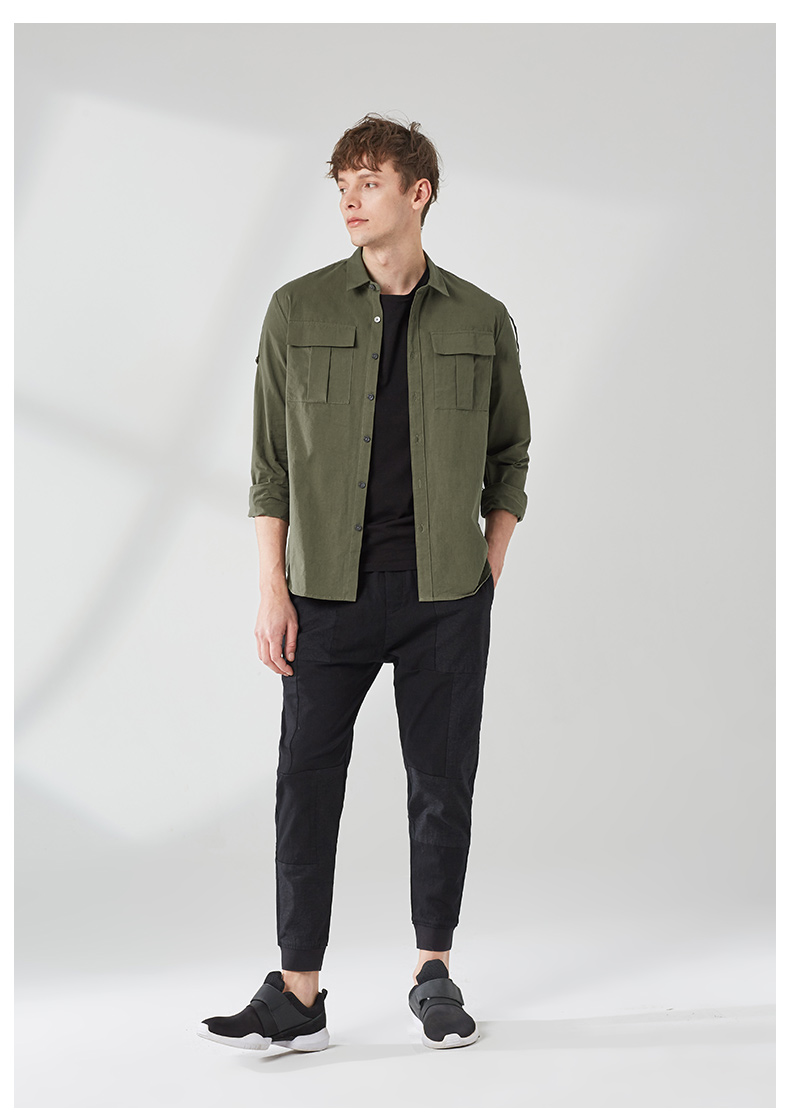 Markless Men dài tay áo bảo hộ lao động Áo khoác nam Màu sắc rắn thường giản dị Áo sơ mi cotton nam - Áo khoác đôi quần áo nam