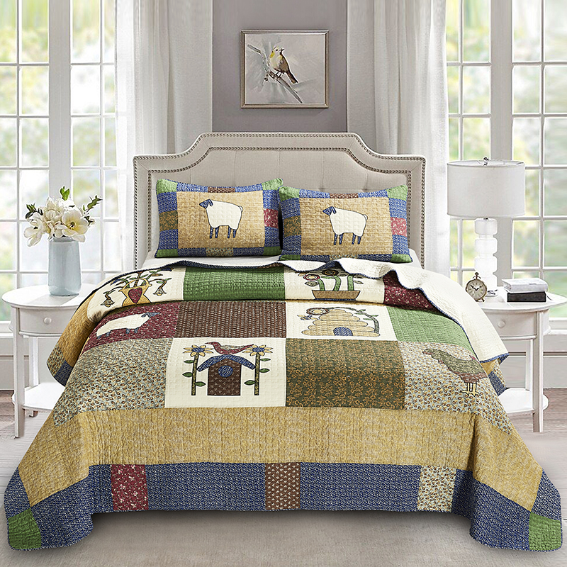 Foreign trade original single European-style double-sided cotton quilted air-conditioning quilt bed cover three-piece cotton printing washed quilted bed sheet