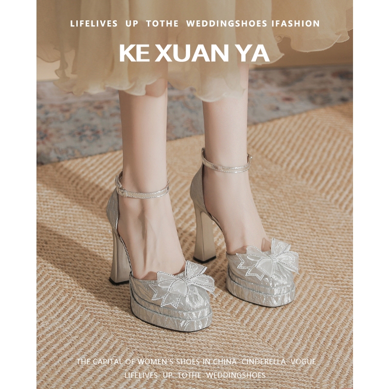 Kexuanya Bow-Knot Silver Platform High Heels Women's Wedding Shoes Crystal Shoes Stage Performance Thick-Soled Single Shoes
