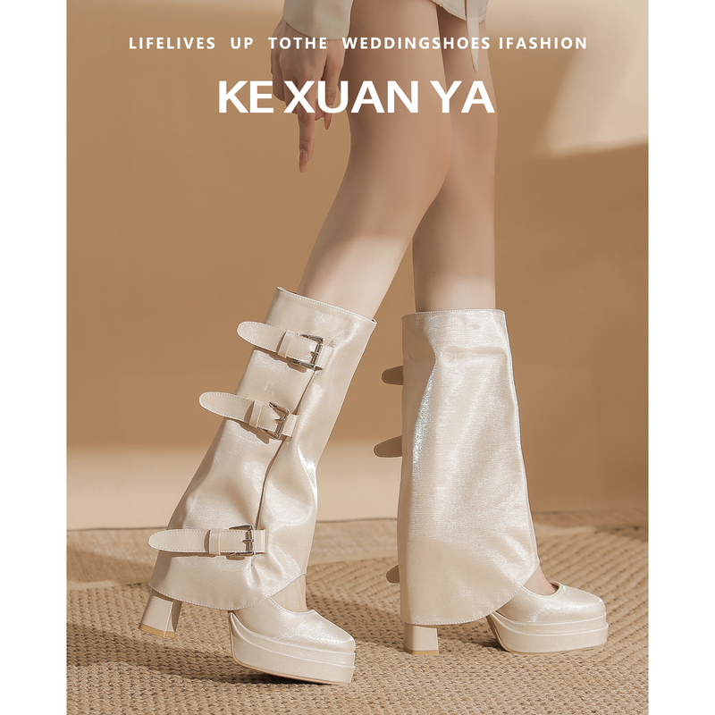 Kexuanya Satin Waterproof Platform High-Heeled Shoes for Women, Thick-Soled, Dual-Wear, Detachable Belt Buckle, High-Tube Fashion Boots, Below the Knee