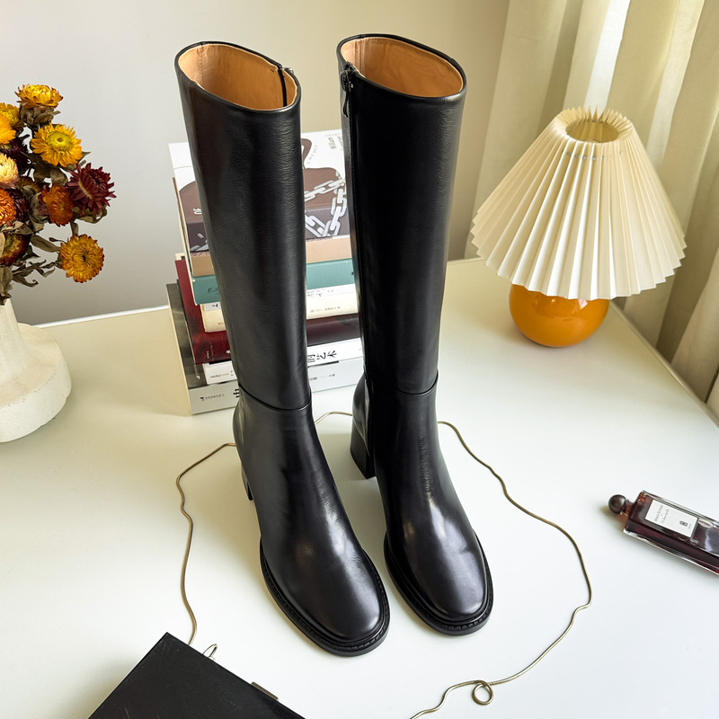 Minimalist Style Niche Genuine Leather Chunky Heel Long Boots for Women, Knee-High, Slimming, High-Heeled Boots