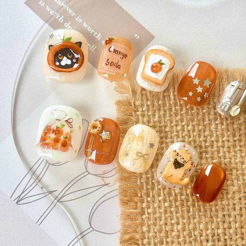 Orange-Flavored Summer, Fresh Wearable Nails, Original Handmade Hand-Painted High-End Three-Dimensional Orange-Toned Nail Art