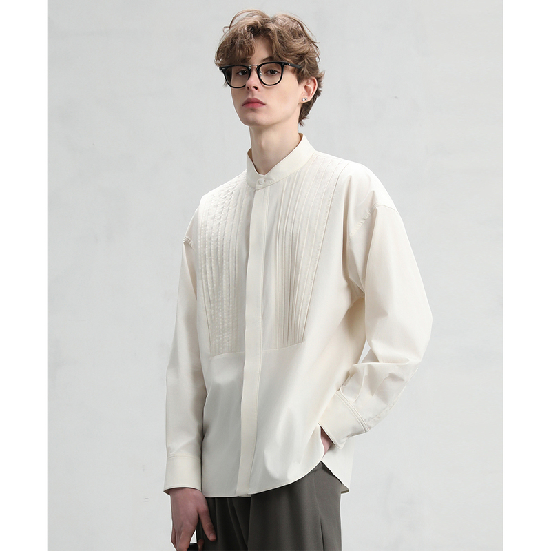 Cakunta Old Money Textured Tencel Cotton Henley Shirt_Court Style Pleated Front Panel Hidden Placket