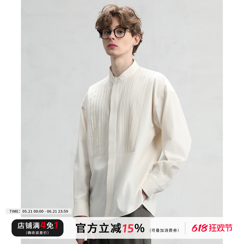 Cakunta Old Money Textured Tencel Cotton Henley Shirt_Court Style Pleated Front Panel Hidden Placket Cakunta Old Money Textured Tencel Cotton Henley Shirt_Court Style Pleated Front Panel Hidden Placket