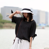 Mid-sleeve covered belly Ramie top female linen half-sleeve loose shirt female Korean version lazy wind drawstring top female