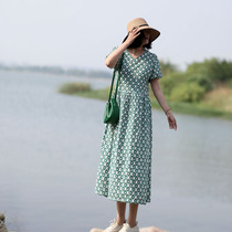 Fresh green floral cotton dress covering belly womens casual dress womens summer thin green flower dress summer