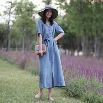 Spring and summer linen dress thin high temperament age age cotton linen V collar dress 2021 New Intellectual Women